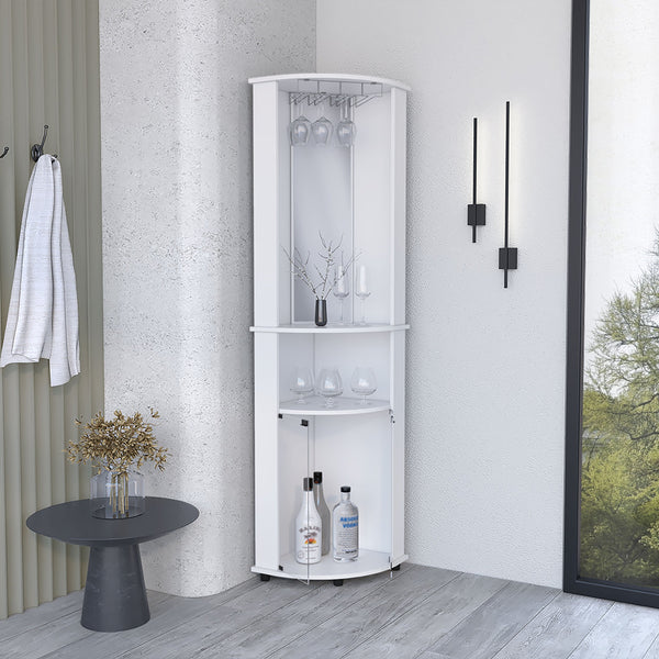 English Elm Corner Corner Bar Cabinet Unit with Wine Glass Rack, Mirrored Center, 3-Tier Storage & Lower Glass Doors B097P221375