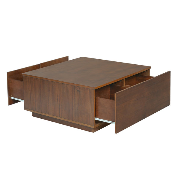 English Elm 33.25" Square Coffee Table with 4 Drawers — Minimalist Modern MDF Design, Space-Saving Durable Centerpiece Walnut N735P277298D
