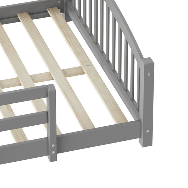 English Elm Full Montessori Pine Wood Floor Bed with Safety Rails Low Profile Kids Room Frame Gray N733P400299E
