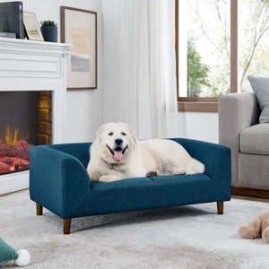 English Elm Pet modern rectangular sofa with backrest and armrests, plush linen cushion for medium dogs comfort and style Blue W487P228084