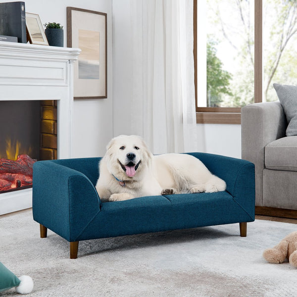 English Elm Pet modern rectangular sofa with backrest and armrests, plush linen cushion for medium dogs comfort and style Blue W487P228084