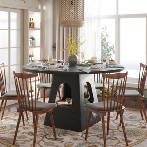 English Elm Round Farmhouse Dining Table 47 Inch Wooden Top with Lower Storage Shelf Seats Six Black W757P367147