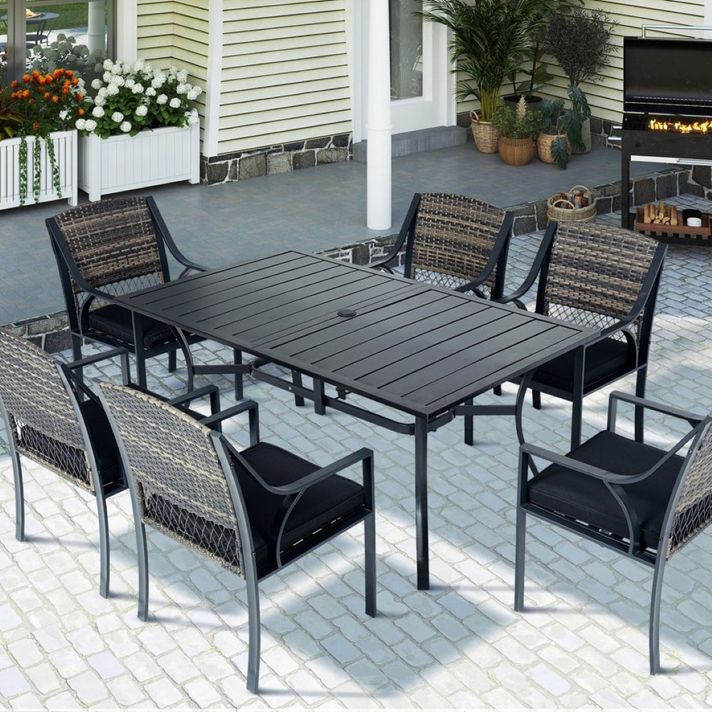 English Elm 7-piece Outdoor Dining Set Powder Coated Steel Rattan Chairs Cushions Poolside T5880S00024