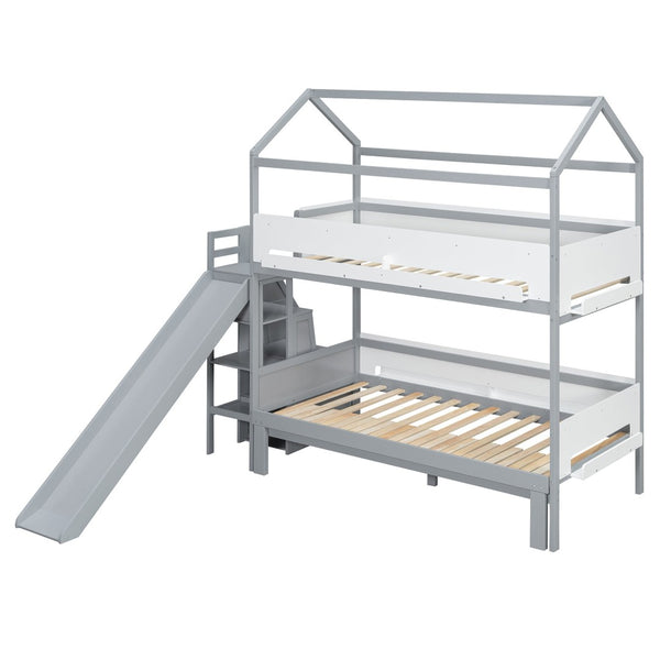 English Elm House-shaped Pine Bunk Bed with Built-in Slide Storage Staircase Twin Over Full Kids Frame Grey+White N820S00082E