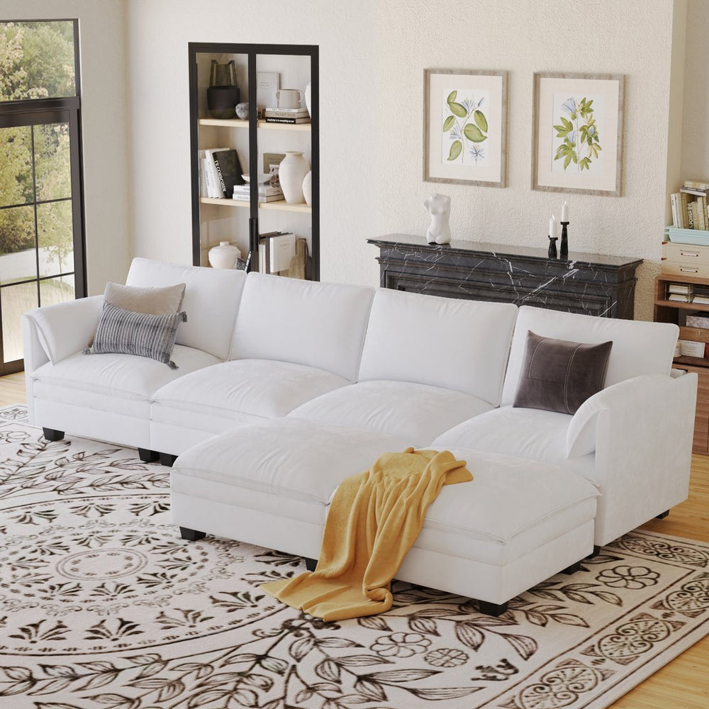 English Elm 141.5'' Large U-Shaped 6-Seater Sofa Couch With Movable Ottoman & Armrest Pockets For Modern Living W680S00041