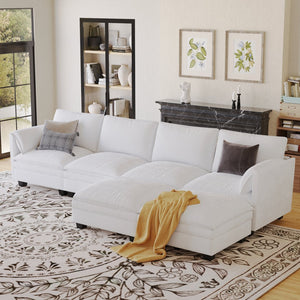 English Elm 141.5'' Large U-Shaped 6-Seater Sofa Couch With Movable Ottoman & Armrest Pockets For Modern Living W680S00041