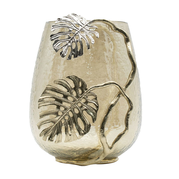 English Elm 9.8x8.5x10.8" Palm Motif Hurricane Holder Silver Aluminum Smoke Glass Mantel Decor W2078P490401