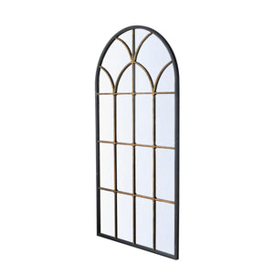 English Elm 34x65.5" Arched Full-Length Mirror with Black & Gold Windowpane Frame, Timeless Focal Point for Entryways W2078P372546