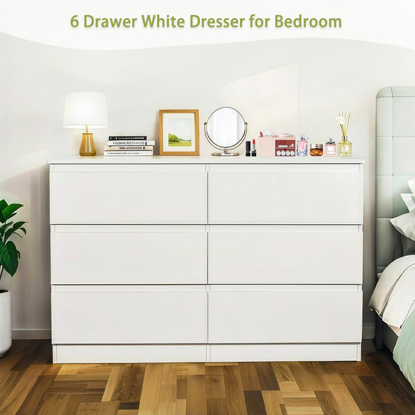English Elm 6 Drawer Modern Dresser with Concealed Handles, Spacious Top, Durable Wood Storage Cabinet for Bedroom White W3204P318437