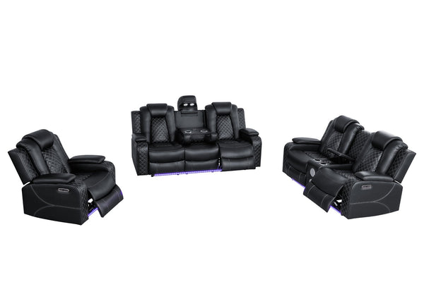 English Elm Leisureluxe Reclining Sofa Set with Led Lighting Wireless Charging and Storage Arms B2730S00015