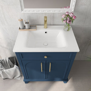 English Elm 27.8" Mid-century Freestanding Bathroom Vanity with Ceramic Sink Drawer and Wood Base Blue W1801S00005