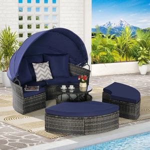 English Elm 5 Piece Outdoor Wicker Daybed Set with Retractable Canopy and Quick Dry Cushions Dark Blue W874S00037