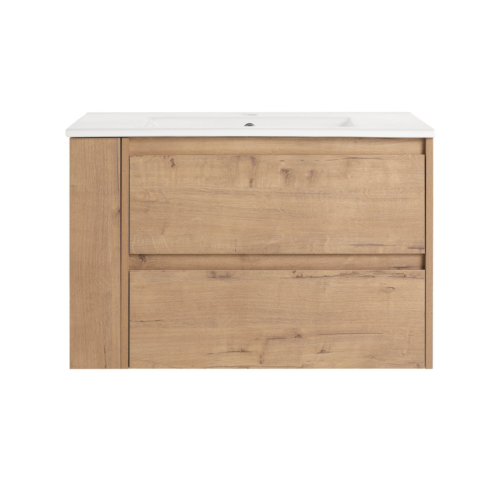 English Elm 30" Wall-Mount Bathroom Vanity With Ceramic Sink, Soft-Close Drawers & Configurable Side Shelf W999S00206