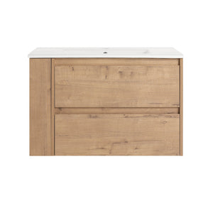 English Elm 30" Wall-Mount Bathroom Vanity With Ceramic Sink, Soft-Close Drawers & Configurable Side Shelf W999S00206