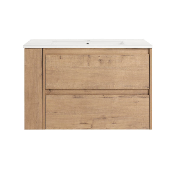 English Elm 30" Wall-Mount Bathroom Vanity With Ceramic Sink, Soft-Close Drawers & Configurable Side Shelf W999S00206