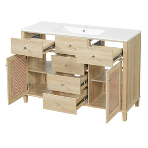 English Elm 48-inch Rattan Bathroom Vanity Solid Wood Frame Five Drawers Ceramic Sink Coastal Boho N765P38884950E