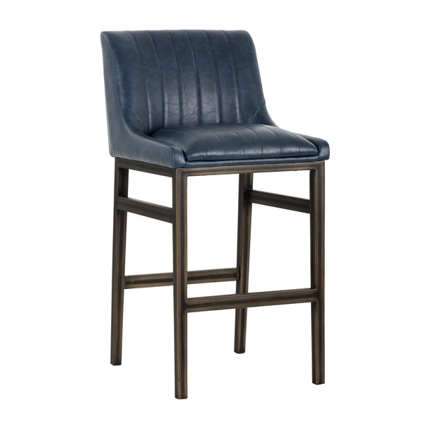 Sunpan Halden Urban Bar Stool with Bold Channel Tufting and Rustic Bronze Steel Frame for Stylish Spaces Vintage Blue