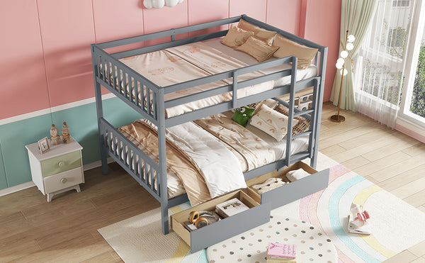 English Elm Full Full Over Full Bunk Bed In Grey With 2 Storage Drawers, Ladder & Safety Guardrails – Versatile Design! W504S00194