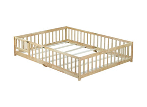 English Elm Queen Rubberwood Floor Bed with Perimeter Fence and Latch Door for Toddler Safety W504P370525