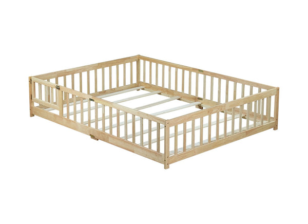 English Elm Queen Rubberwood Floor Bed with Perimeter Fence and Latch Door for Toddler Safety W504P370525