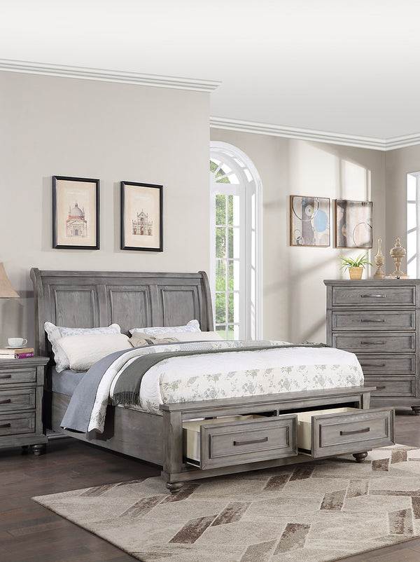 English Elm Queen Sleigh Bed with Underbed Drawers Gray Vintage Transitional 3-Panel Headboard Storage Classic Elegance B011S01399