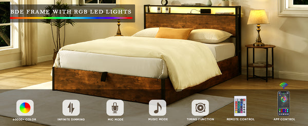 English Elm Lift-Up Storage Bed Frame: Full-Sized Platform Bed With Led Lights, Charging Station & Rustic Brown Finish W1916P184709