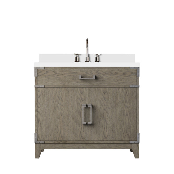 English Elm Grey Oak Single Bath Vanity With White Quartz Top, Chrome Faucet & Soft-Close Doors - Modern Style B2731P259799