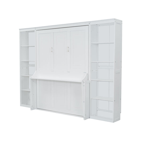 English Elm Queen Murphy Bed with Desk & Bookshelf in White — Space-Saving Queen Wall Bed, Pine/MDF, 600lb Capacity, Foldable Workspace GX004002AAK