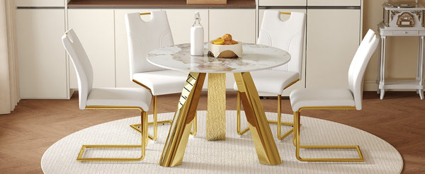 English Elm Table Set - 42-Inch Round White Imitation Marble Top With 4 Ergonomic Dining Chairs & Gold Legs W2920S00049-GIGA
