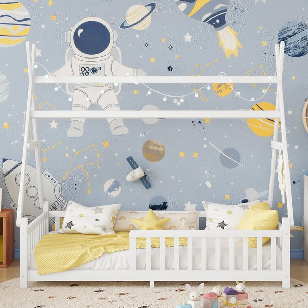 English Elm Twin House Bed with Roof and Guardrails, Low Floor Kids Playhouse Bed with Tent and Lights, Cozy Design White 80.91 L x 15.55 W x 6.5 H W2593P296909