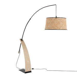 English Elm Robyn-Salon Mid-Century Floor Lamp with Bent Wood Accent, Arched Black Metal Neck & Rattan Shade B202S01382