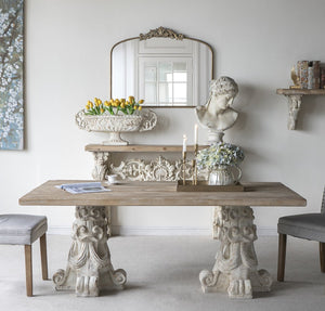 English Elm 71x37.5x30.5" Elegant Rectangular Dining Table with Brown & White Magnesium Finish, Ornate Pedestal Bases, Easy Assembly, Rustic-Classic Appeal W2078P410115