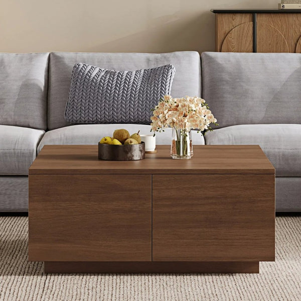 English Elm 33.25" Square Storage Coffee Table Four Drawer Matte Mdf Living Room Centerpiece Walnut N735P422508D
