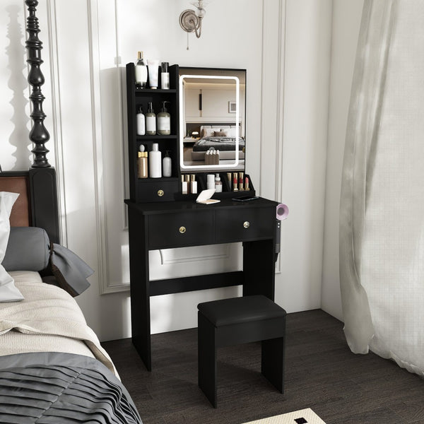 English Elm Modern Vanity Desk with Led Mirror 3 Drawers Built-in Outlet and Matching Chair Black W509P465833