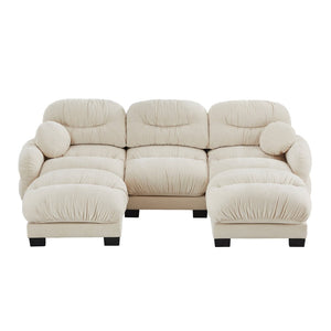 English Elm Pleated Chenille U-shape Sectional Sofa with Ottomans Ergonomic Foam Curved Armrests Beige W5656S00042