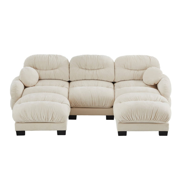 English Elm Pleated Chenille U-shape Sectional Sofa with Ottomans Ergonomic Foam Curved Armrests Beige W5656S00042