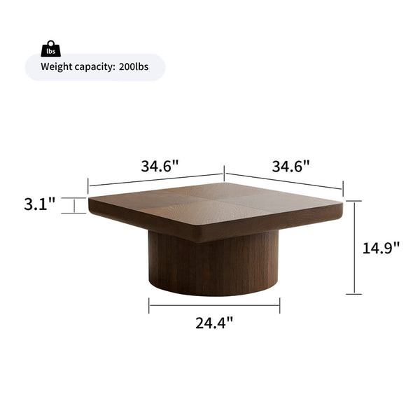 English Elm 34.6'' Square Coffee Table Parquet Wood Veneer Sculptural Cylindrical Base Modern Living Room Walnut W1435P337647