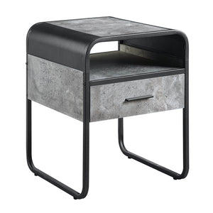 English Elm Modern Minimalist End Table With Drawer & Open Shelf - Sleek Black Metal Frame & Faux Concrete Top B2741P337032