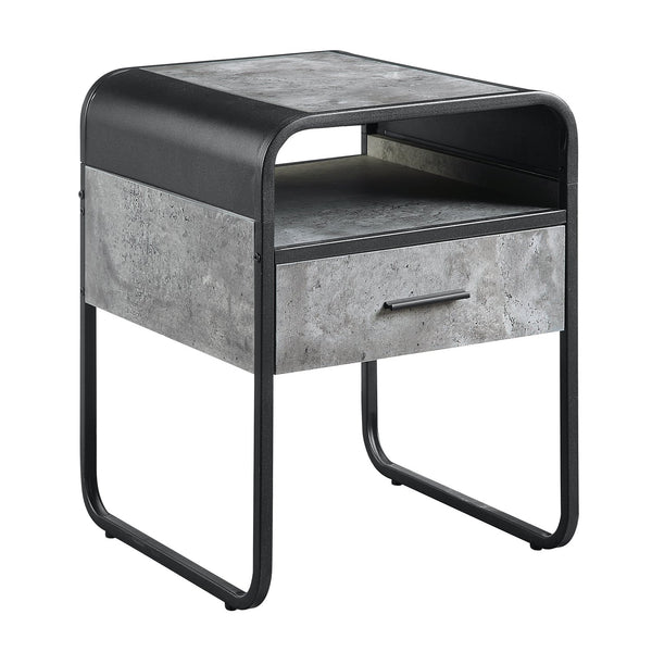English Elm Modern Minimalist End Table With Drawer & Open Shelf - Sleek Black Metal Frame & Faux Concrete Top B2741P337032