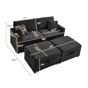 English Elm Comfortable Plush Corduroy Sofa with Hidden Storage Ottoman, USB Charging and Lift-Up Tabletop Black W3705S00010