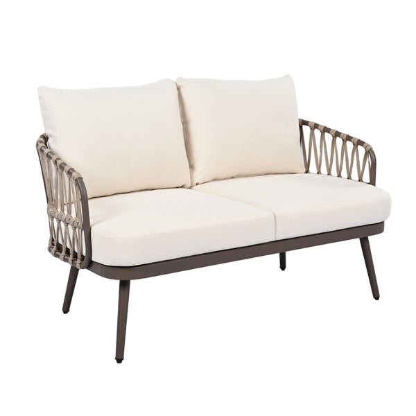 English Elm Christopher Knight Home® - 4-Piece Outdoor Patio Set with Woven Rope U-Back, Steel Frame, Thick Cushions & Acacia Table for Garden Brown+Beige N780P209458R