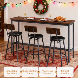 English Elm Bar Table Set with 3 Pu Leather Stools Industrial Steel Frame Rustic Dining Nook W3204P428249