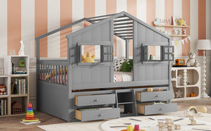English Elm Full Size House Loft Bed With Roof & Windows, 4 Storage Drawers, Safe Pine Frame In Grey Finish W504S00241