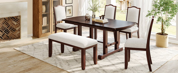 English Elm 60"-78" Extendable Dining Table with Removable Leaf, Solid Wood Farmhouse Kitchen Table for 4-8 Guests, Durable Finish and Easy Care Guidance Cherry N752P271802C