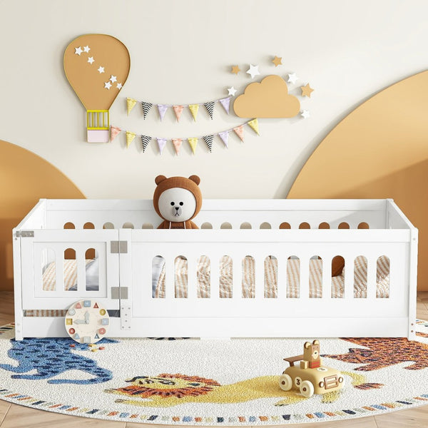 English Elm Twin Size Floor Bed With Safety Guardrails & Built-In Door - Cozy Solid Wood Frame For Kids’ Rooms W1820P240536-GIGA