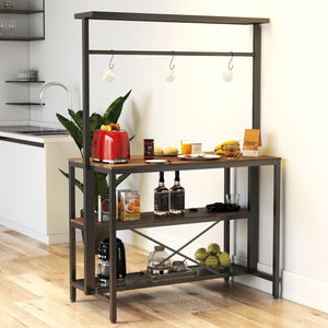 English Elm kitchen Island Table with 3-Tier Storage & 3 Hooks — Wood Grain Baker’s Rack, Microwave Stand with Stools Space W331S00183