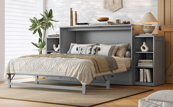 English Elm Queen Murphy Wall Bed with Open Shelves and Drawers for Guest or Office Rooms Light Gray W5316S00008
