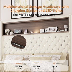 English Elm Queen Velvet Tufted Wingback Platform Bed Tall Headboard with Usb Charging Shelf Beige N733P367135A