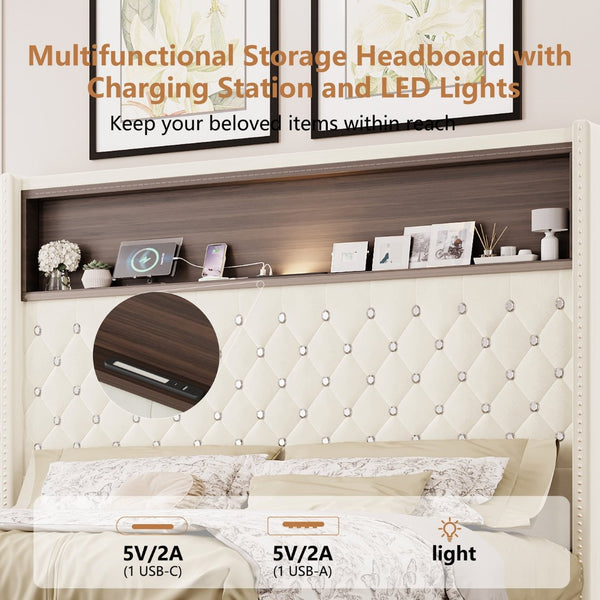 English Elm Queen Velvet Tufted Wingback Platform Bed Tall Headboard with Usb Charging Shelf Beige N733P367135A