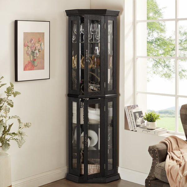 English Elm Lighted Corner Curio Cabinet - Elegant Display With Adjustable Shelves & Ambient Lighting - Black W1758P300129